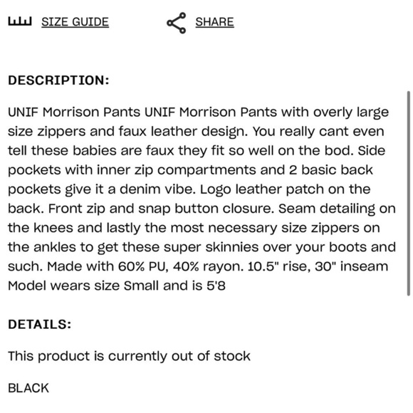 Dolls Kill UNIF Morrison Pants Faux Leather Black Zippers Skinny - Picture 8 of 8